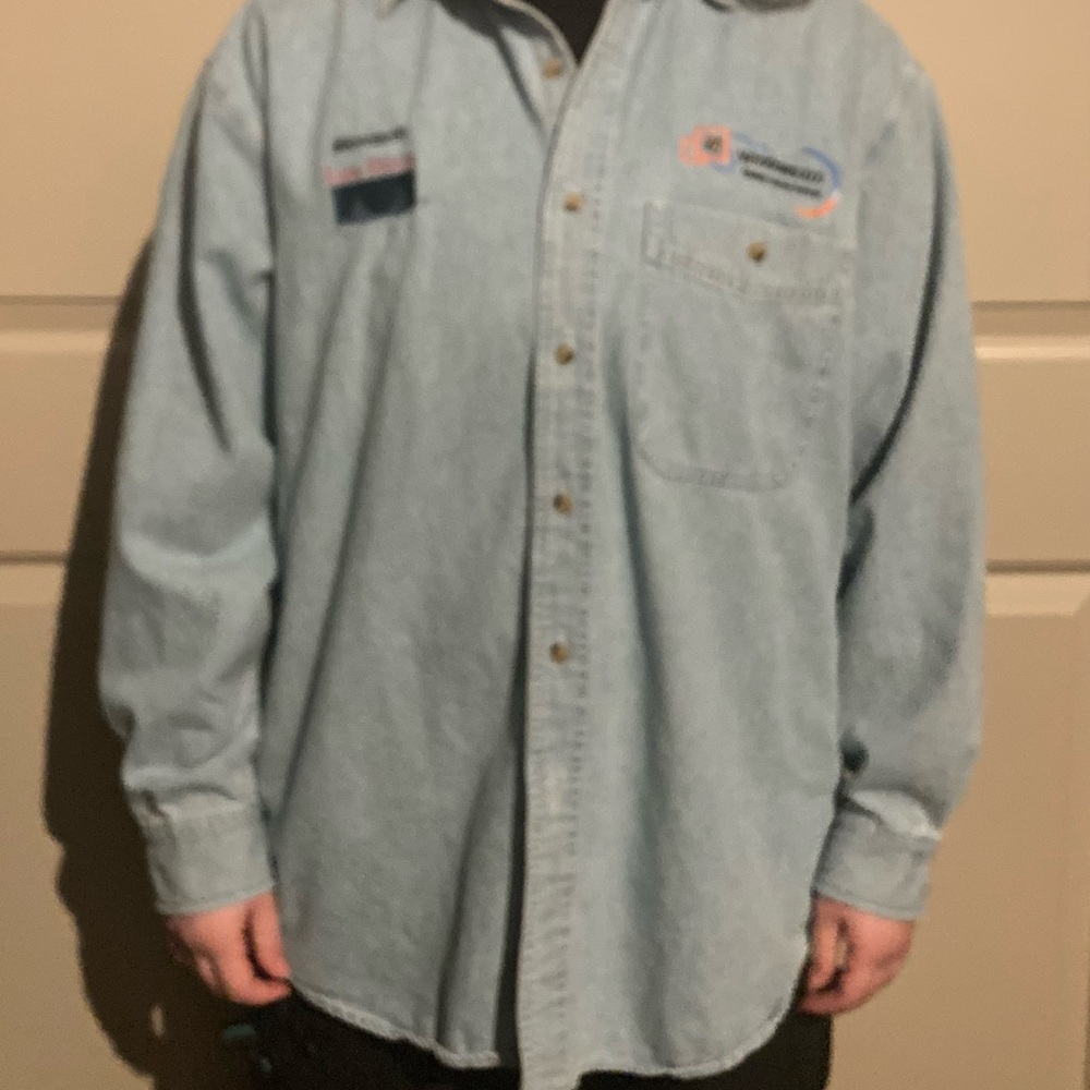 Vintage Microsoft light Wash Denim Button-Up Shirt with Embroidered Patch
